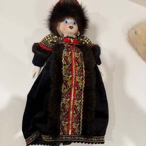 Vintage Russian Porcelain Doll in Black Velvet Dress with Real Mink Fur Hat